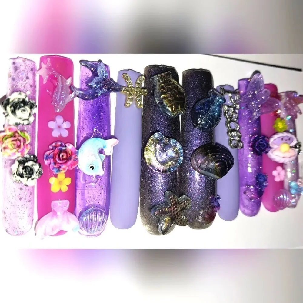 Hand crafted ladie's custom Pisces Girl 10pc xxxl acrylic press on nails
